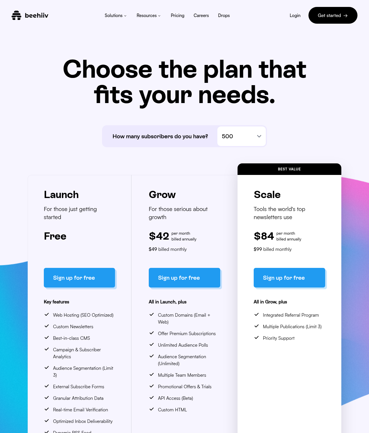 beehiiv pricing, June 2022: Scale $84 a month billed yearly.