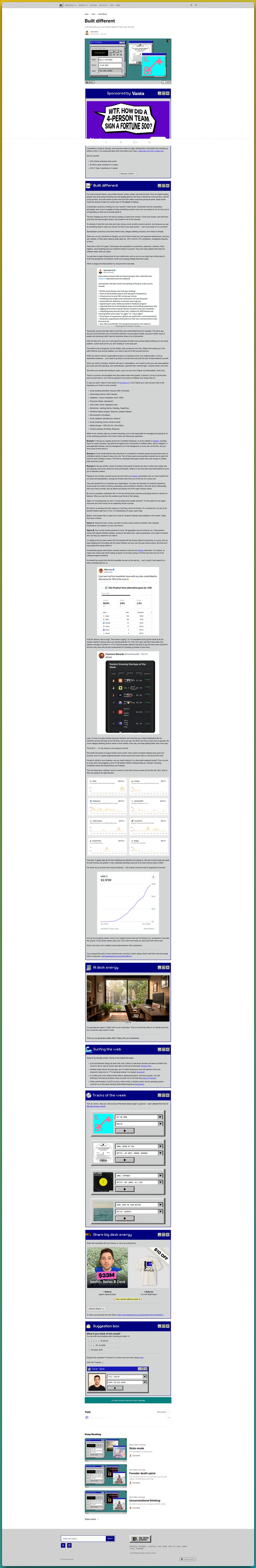Full page of Tyler Denk's Big Desk Energy newsletter 'Built different', Oct 20, 2026.